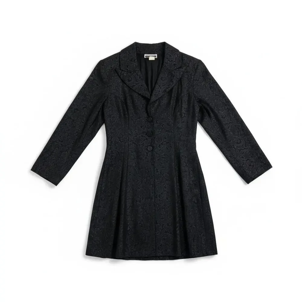 CONTEMPO CASUALS Vintage Black Damask Floral Jacquard Longline Blazer Small - Picture 1 of 7